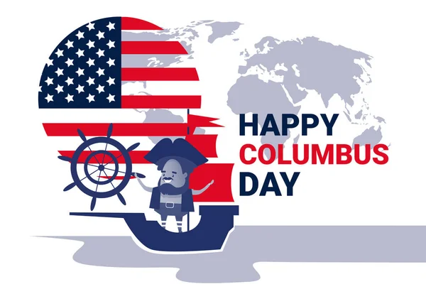 Feliz Día de Colón Nacional EE.UU. Tarjeta de felicitación de vacaciones con barco — Vector de stock