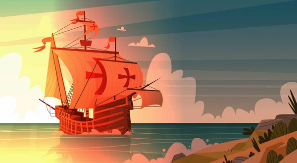 船在海上日落快乐哥伦布日美国国家假日概念 — 图库矢量图片