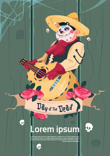 Jour de mort traditionnel mexicain Halloween fête décoration bannière invitation squelette jouer de la guitare — Image vectorielle