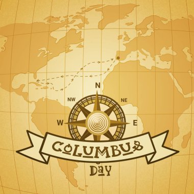 Dünya Haritası üzerinde pusula ile mutlu Kolomb Günü Ulusal ABD tatil tebrik kartı