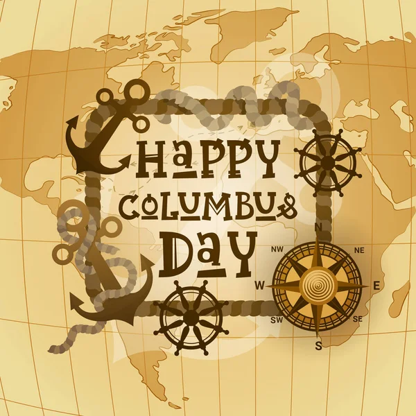 Direksiyon simidi ve dünya haritası üzerinde çapa ile mutlu Kolomb Günü Ulusal ABD tatil tebrik kartı