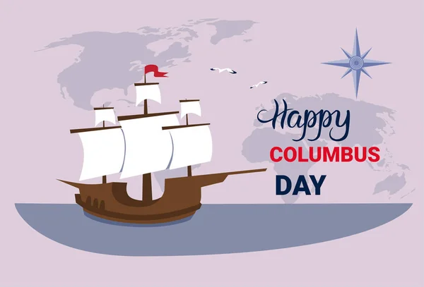 Feliz Día de Colón Nacional EE.UU. Tarjeta de felicitación de vacaciones con barco — Archivo Imágenes Vectoriales