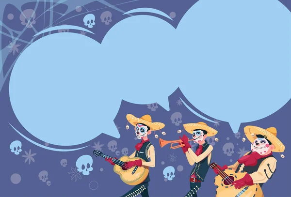 Dag av döda traditionella mexikanska Halloween semester part dekoration Banner inbjudan grupp av skelett spela gitarr — Stock vektor