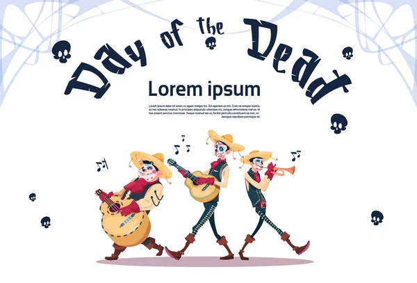 День мертвих традиційна мексиканська Хеллоуїн свято вечірка прикраси банер запрошення скелет грати гітара — стоковий вектор