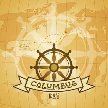 Direksiyon simidi ve dünya haritası üzerinde çapa ile mutlu Kolomb Günü Ulusal ABD tatil tebrik kartı