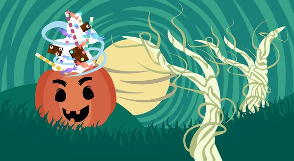 Pumpkin With Candy Sweets Treat or Trick Banner Happy Halloween Symbol Greeting Card — стоковый вектор