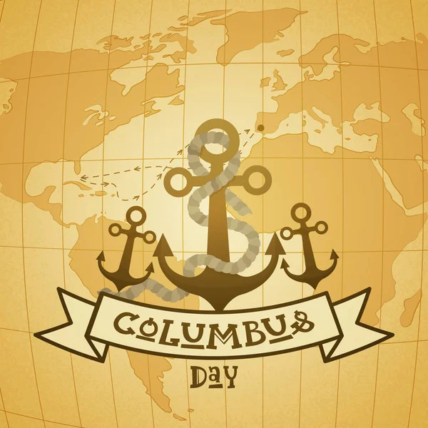 Feliz Día de Colón Nacional EE.UU. Tarjeta de felicitación de vacaciones con ancla sobre el mapa del mundo — Vector de stock
