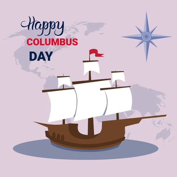 Feliz Dia de Colombo National Usa Holiday cartão de saudação com navio —  Vetores de Stock