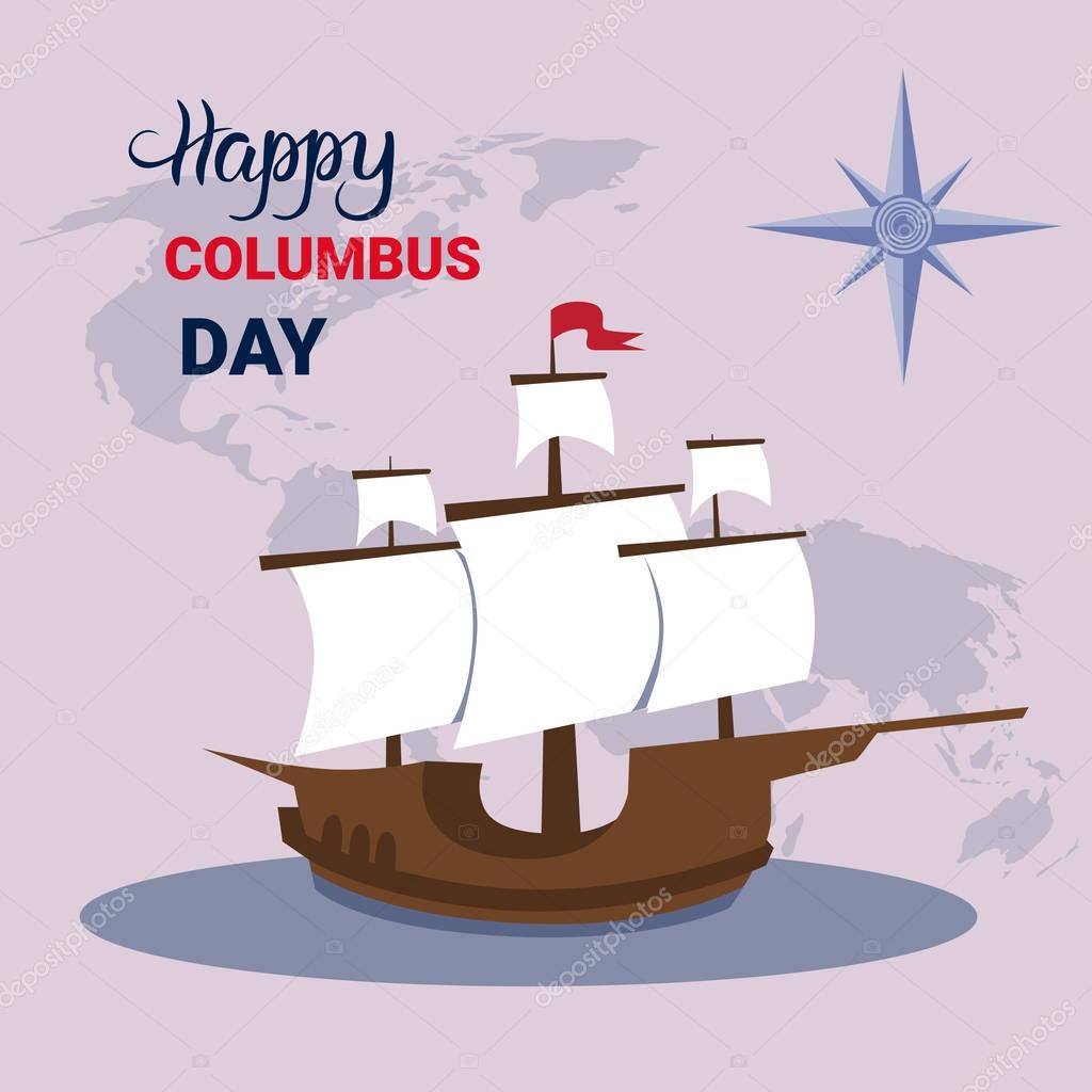 Happy Columbus Day National Usa Holiday Greeting Card With Ship Flat Vector Illustration