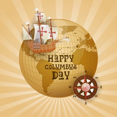Dünya Haritası üzerinde gemi ile mutlu Kolomb Günü Ulusal ABD tatil tebrik kartı