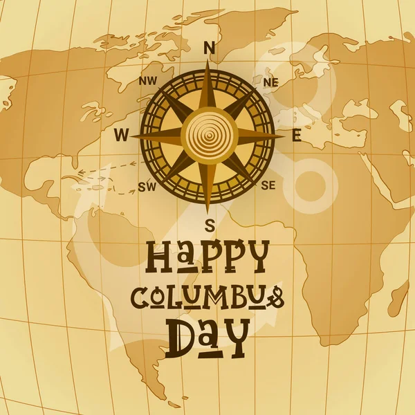 Feliz Día de Colón Nacional EE.UU. Tarjeta de felicitación de vacaciones con brújula sobre el mapa del mundo — Vector de stock