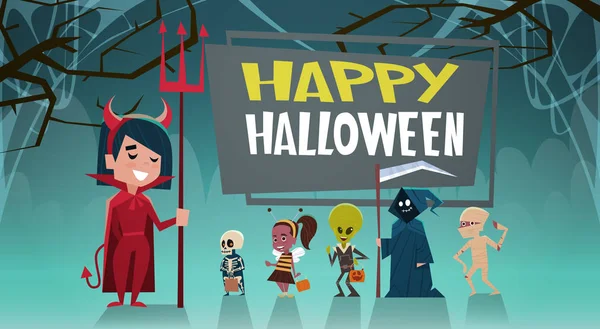 Happy Halloween Banner Holiday dekoration skräck Party gratulationskort söta tecknade monster — Stock vektor