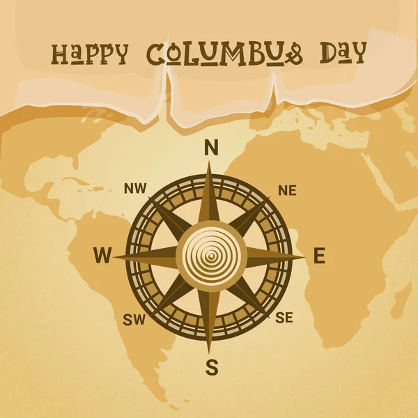 Ευτυχισμένη ημέρα του Κολόμβου εθνικό ΗΠΑ διακοπών ευχετήρια κάρτα με την πυξίδα πάνω από τον παγκόσμιο χάρτη — Διανυσματικό Αρχείο