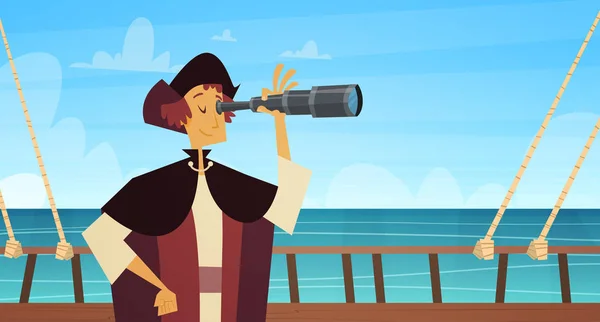 Man On Ship With Spyglass Happy Columbus Day National Usa Holiday Concept — Stock Vector