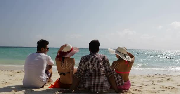 La gente sentada en la playa hablando feliz levantó las manos hacia atrás Vista trasera, Hombres y mujeres Turistas de comunicación Grupo en las vacaciones de verano — Vídeo de stock