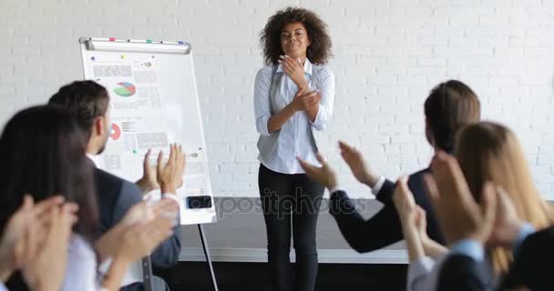 Group Of Business People Applauding Congradulating Happy African American Businesswoman With Successful Speech During Conference Meeting — Stock Video
