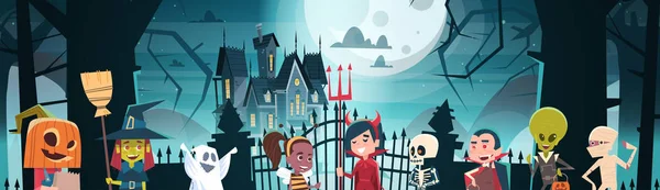 Feliz Halloween Banner Decoración de vacaciones Horror Party Tarjeta de felicitación Monstruos de dibujos animados lindos caminando al castillo oscuro con fantasmas — Vector de stock