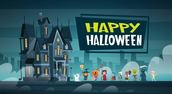 Happy Halloween Banner Holiday dekoration skräck Party gratulationskort söta tecknade monster promenader till mörka slottet med spöken — Stock vektor