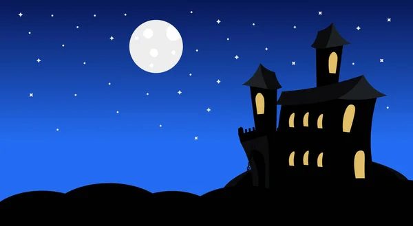 Castello di silhouette con fantasmi al chiaro di luna spaventoso ombre felice Halloween Banner trucco o trattare concetto di vacanza — Vettoriale Stock