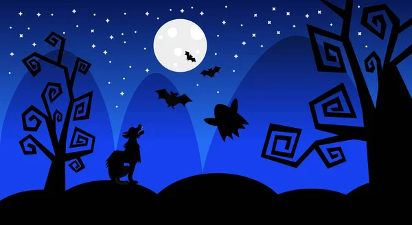 Silueta lobo ganar en la luna miedo sombras feliz Halloween bandera truco o tratar concepto de vacaciones — Vector de stock