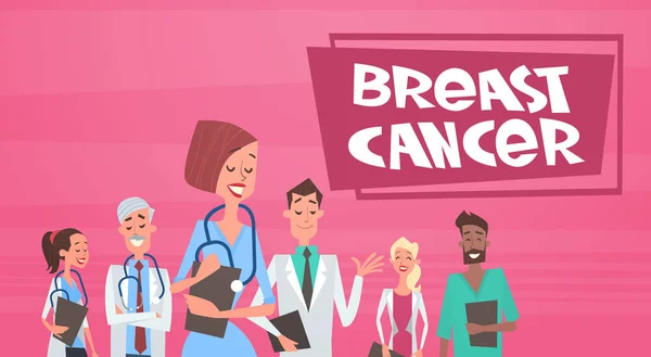 Группа врачей по борьбе с раком молочной железы на информацию о заболеваниях и плакат профилактики — стоковый вектор