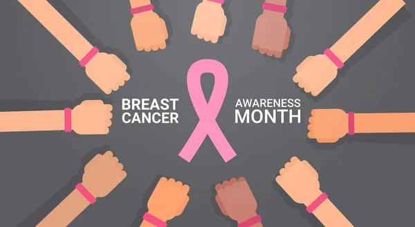Grupo de Dia do Câncer de Mama de mãos com fitas cor-de-rosa Cartão de saudação de cartaz de prevenção da doença — Vetor de Stock