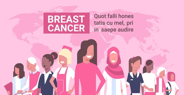 Молочної залози рак день різноманітна група жінка хвороба обізнаності і профілактики плакат — стоковий вектор