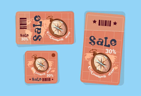 Dia de Colombo feriado sazonal venda etiquetas Compras Ícones de desconto América Descubra cartão de saudação — Vetor de Stock