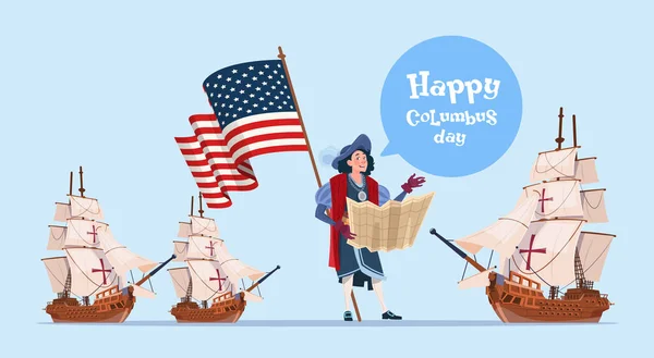Happy Columbus Day Ship America Discovery Holiday Poster Greeting Card — Stock Vector