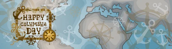 Feliz Día de Colón América Descubre Cartel de Navidad Tarjeta de felicitación Retro World Map Horizontal Banner — Vector de stock
