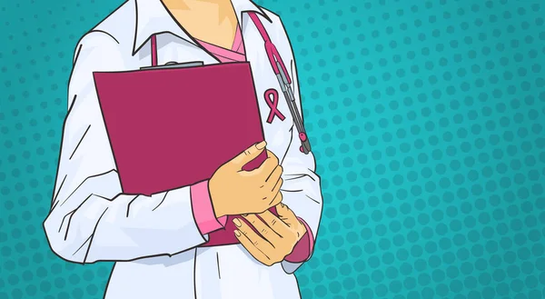 Medico femminile che indossa il nastro rosa sul cappotto Giornata mondiale del cancro concetto di prevenzione delle malattie del seno — Vettoriale Stock