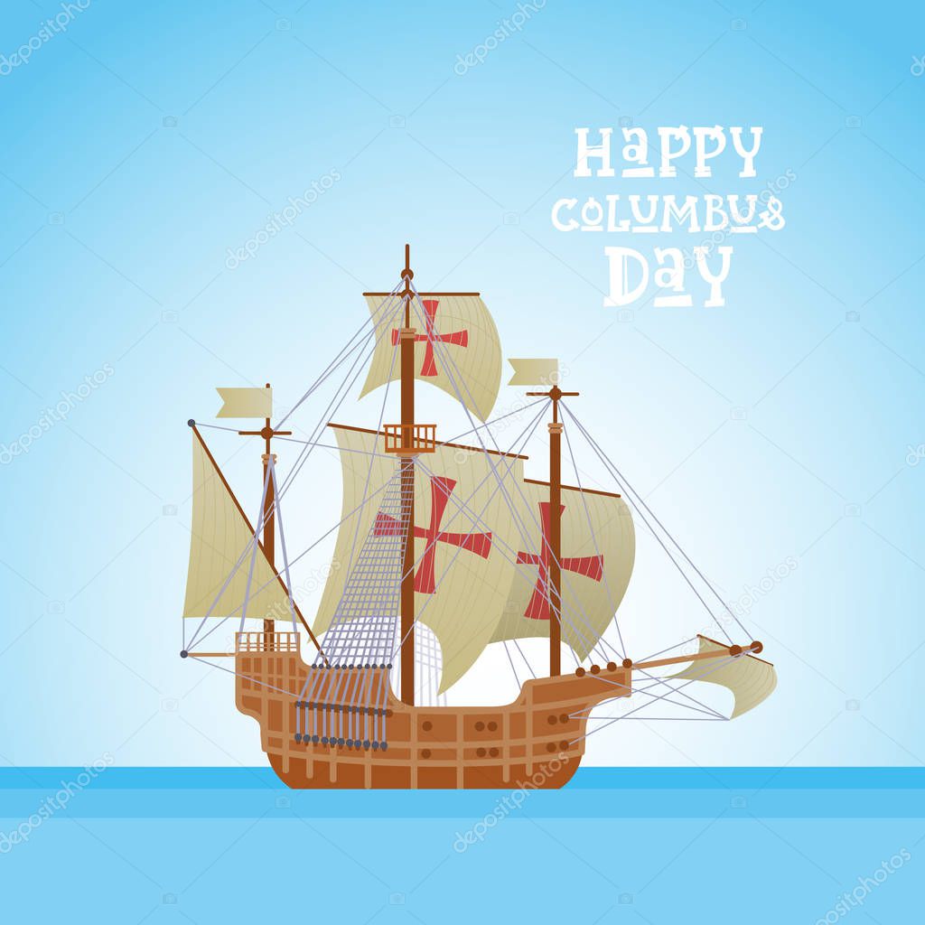 Happy Columbus Day National Usa Holiday Greeting Card With Ship In Ocean Sea Water Flat Vector Illustration