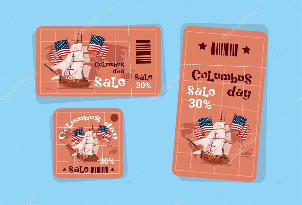 Columbus Day Seasonal Holiday Sale Tags Shopping Discount Icons America Discover Greeting Card Flat Vector Illustration