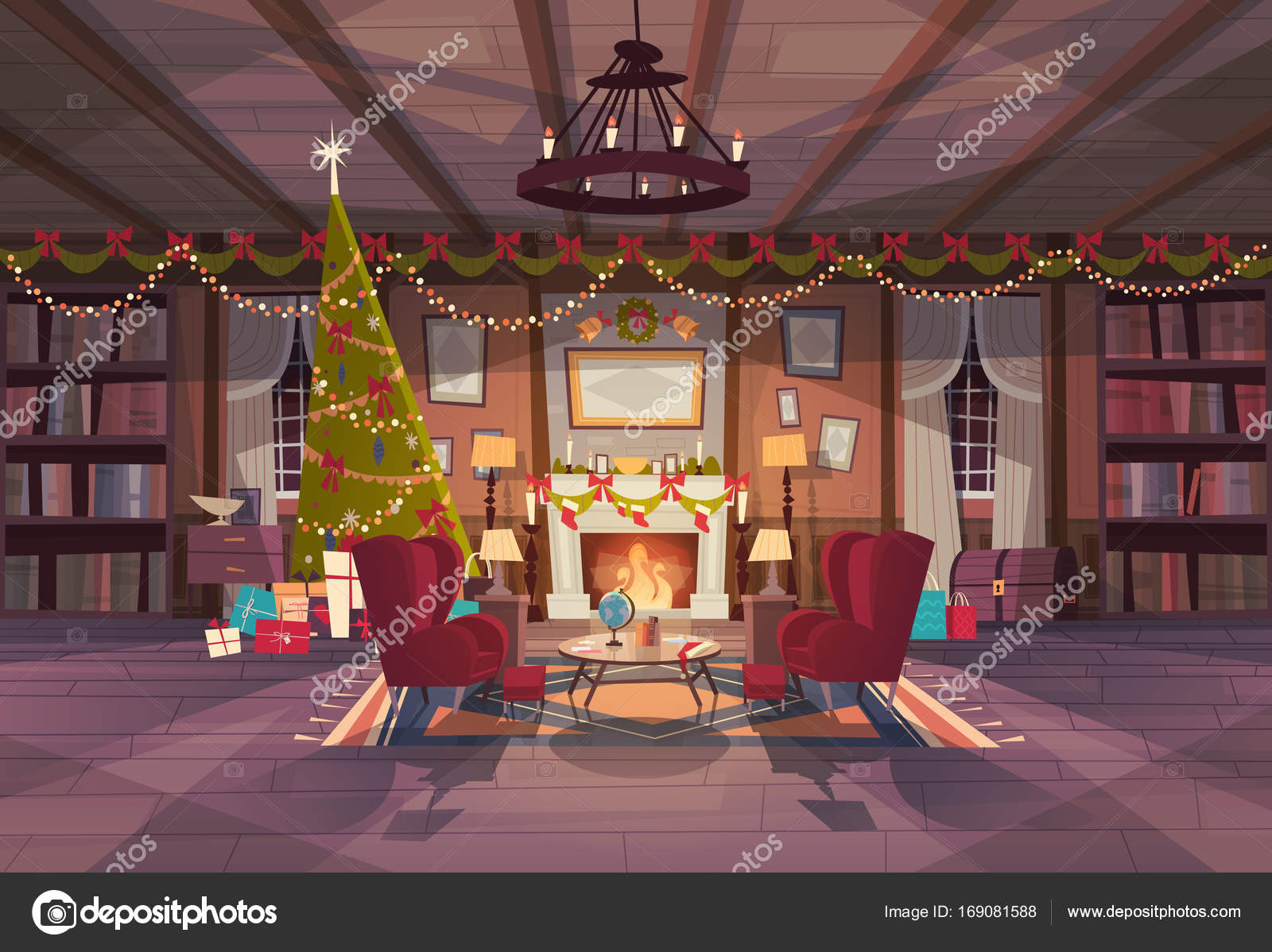 Living Room Decorated For Christmas And New Year Empty