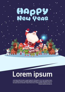 Sanata Claus Elfs mutlu yeni yıl tebrik kartı neşeli Noel tatil kavramı ile