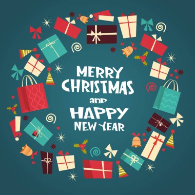 Mutlu Noeller ve mutlu yeni yıl tebrik kartı ile farklı hediye kutuları kış tatili sunar kavramı