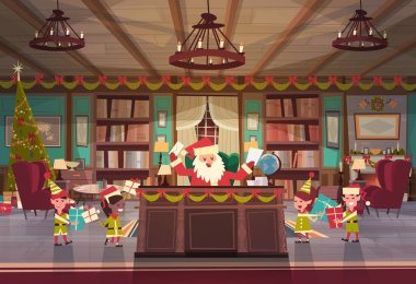 Noel Baba Elfs neşeli Noel ve mutlu yeni yıl Office odasında çalışma hediyeler ve Presents, kış tatil kavramı