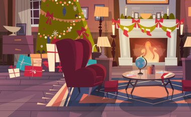 Süslü çam ağacı ve şömine, ev iç dekorasyon için Noel ve yeni yıl tatilleri kavramı yakınındaki boş koltuk