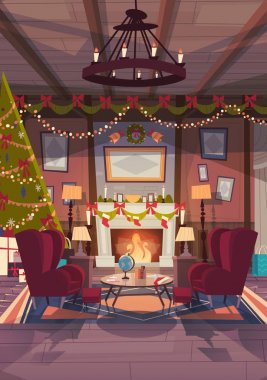 Noel ve yeni yıl, çam ağacı ve şömine, ev iç dekorasyon kış tatil kavramı yakınındaki boş koltuklar için dekore edilmiş salon