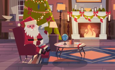 Noel Baba Noel ve yeni yıl kış tatil kavramı için dekore edilmiş oturma odasında şömine yakın oturan dilek listesi okuyun