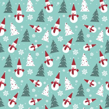 Çam ağacı ve kardan adam kış tatil süsleme ambalaj kağıt arka plan kavramı ile Noel Seamless Modeli