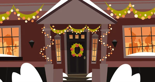 Porta dianteira decorada da casa com construção dos feriados do inverno da grinalda, Feliz Natal e conceito novo feliz do ano — Vetor de Stock