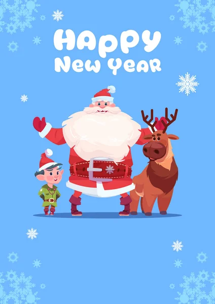 Jultomte med Elfs på gott nytt år gratulationskort Merry Christmas Holiday koncept — Stock vektor