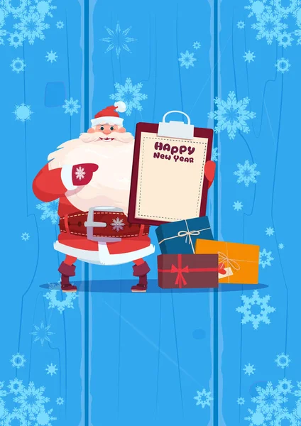 Santa Claus mantenga lista presente en concepto de vacaciones feliz año nuevo tarjeta de felicitación feliz Navidad — Vector de stock