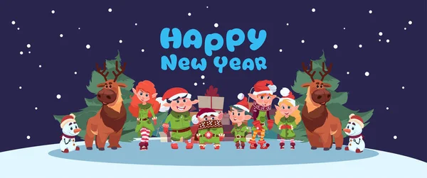 Cute Elfs And Santa Deer On Happy New Year Greeting Card Merry Christmas Holiday Concept — Stock Vector