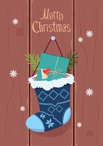圣诞快乐和新年快乐贺卡和礼品盒挂在目前袜子冬季假期横幅概念 — 图库矢量图片