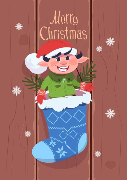 Веселого Різдва і щасливого Нового Року Вітальна листівка з Елфом Висячи в теперішньому Sock Зимові канікули Банер Концепція — стоковий вектор