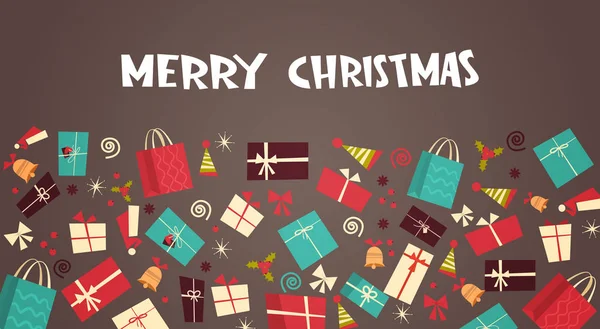 Frohe Weihnachten und ein gutes neues Jahr Grußkarte mit verschiedenen Geschenkboxen Winterurlaub Geschenke Konzept — Stockvektor