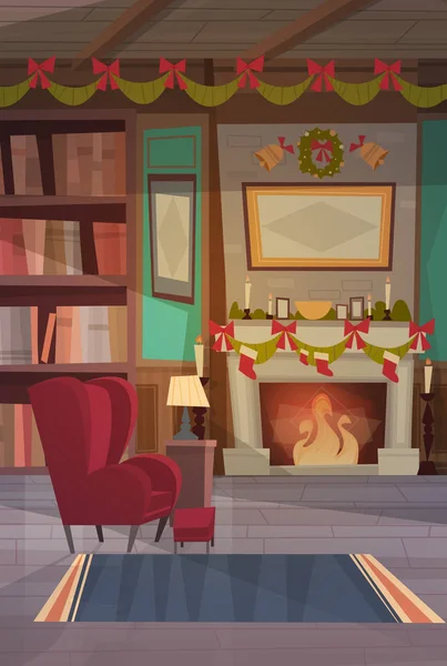 Sillón vacío cerca de la chimenea decorada, decoración interior del hogar para la Navidad y el concepto de vacaciones de año nuevo — Archivo Imágenes Vectoriales