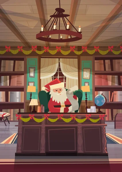 Santa Claus přání přečtení sedí u stolu v části vánoční a novoroční svátky — Stockový vektor